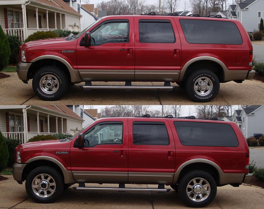 Before-and-after side views of a red Ford Excursion showing two different wheel setups