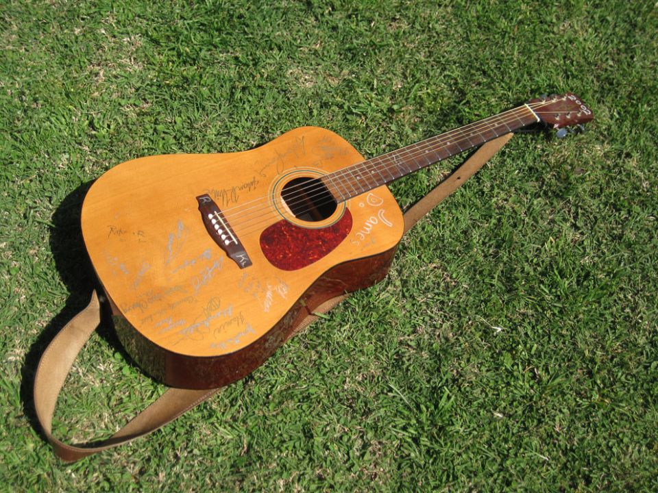 Acoustic guitar with signatures on grass