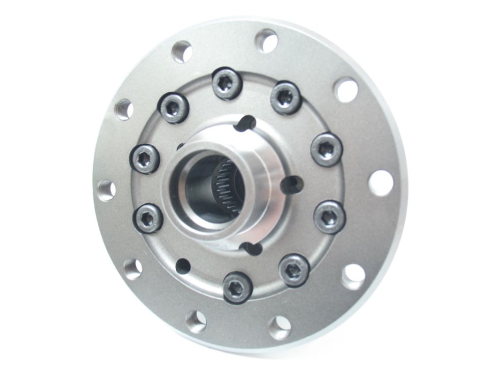 Silver differential part with bolt holes and splined hub