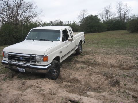 1990 Ford F-150 - A white 1990 Ford F-150 pickup truck is parked in a muddy, grassy field with trees in the background. The truck is viewed from the front th…