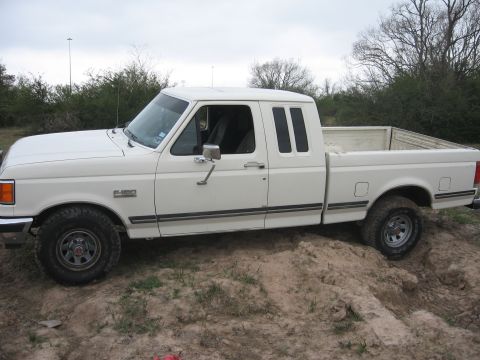 1990 Ford F-150 - A white 1990 Ford F-150 pickup truck is parked on a dirt mound with trees and a cloudy sky in the background. The truck is viewed from the…