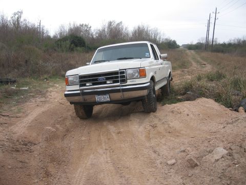 1990 Ford F-150 - A white 1990 Ford F-150 pickup truck is parked on a dirt road with dry brush and trees in the background. The truck is facing forward and s…