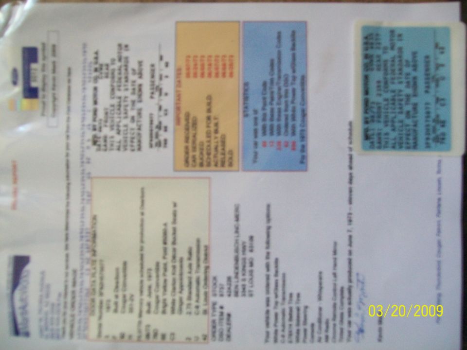 1973 Mercury Cougar build sheet and VIN sticker