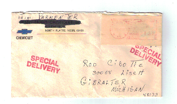 Envelope with special delivery stamps and addresses