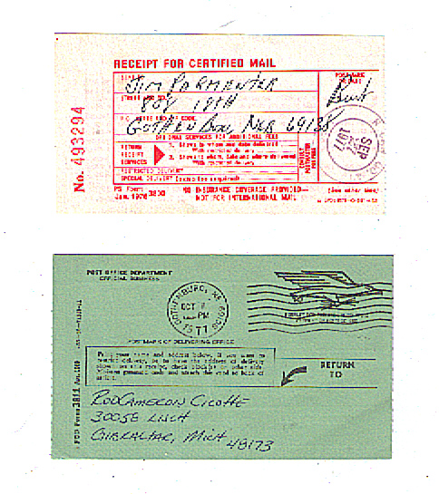 Certified mail receipt and postcard with postal markings and handwritten addresses.