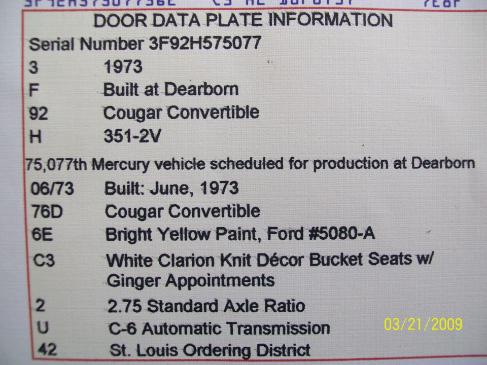 '73 Cougar Convertible door data plate decode for serial number 3F92H575077