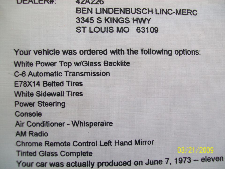 Ordered options list for a Cougar from Ben Lindenbusch Linc-Merc, St Louis MO, dealer 42A226