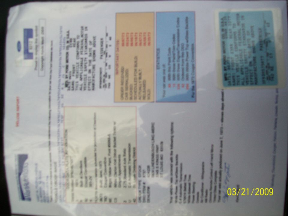 Full '73 Cougar report page with door tag replica, build dates, statistics and options list