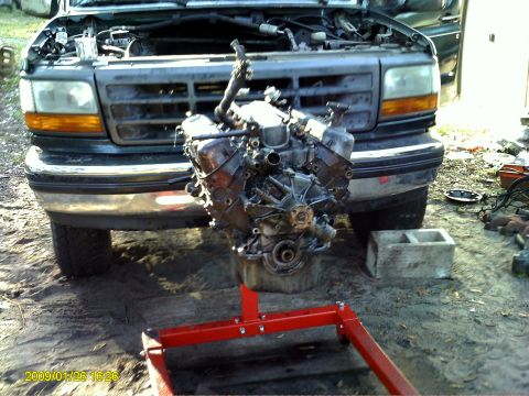 1992 Ford Bronco - A V8 engine is mounted on a red engine stand in front of a dark green Ford Bronco. The Bronco's hood is open, revealing the engine bay.