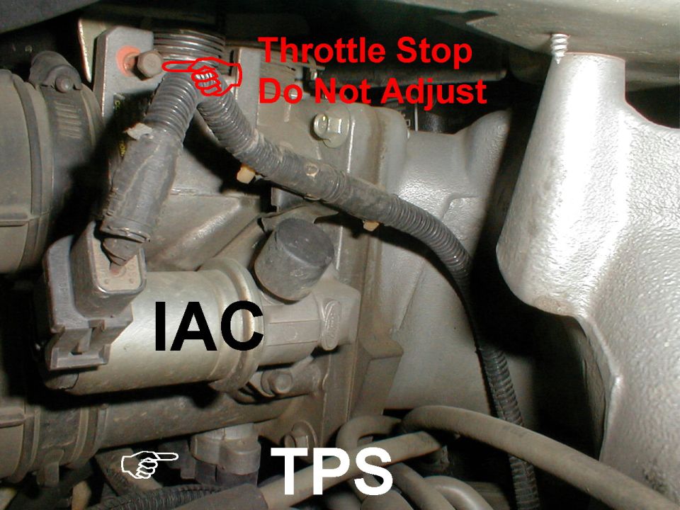 Throttle body with labeled IAC, TPS and throttle stop callouts