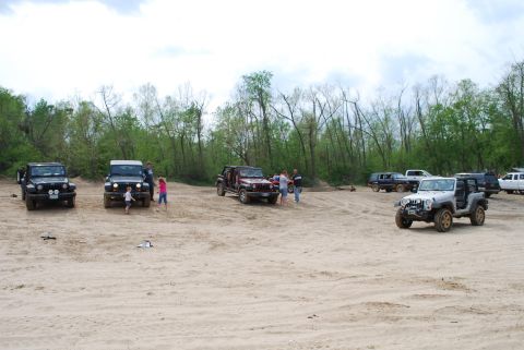 2008 Jeep Wrangler - A group of Jeep Wranglers are parked on a sandy area with trees in the background. Several people are gathered around the vehicles.