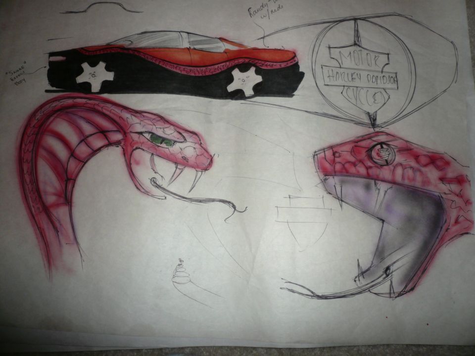 OK NOW THE BLUEPRINT...THIS IS THE SKETCH...HOUSE OF KOLOR KANDY RED WITH TWO DIFFERENT BASES KOLORS OVER KANDY RED, ONE BEING THE TOP OF THE CAR, BUT PAY ATTENTION TO THE RED SNAKE ACTIN AS A PIN STRIPE IN ACTION.THE BOTTOM OF THE CAR IS BLACK TO BLEND THE BLACK BACK OF MY MARAUDER HEAD LIGHTS AND BLACKED OUT TAIL LIGHTS