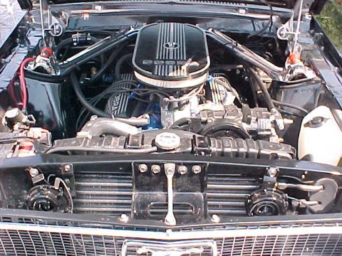 1969 Ford Torino - Close-up of a classic car's engine bay, a V8 engine and radiator. The grille is visible below.