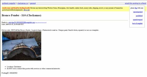 1990 Ford Bronco - This is a driver's side fender for a 1989 Ford Bronco, described as being in great shape.