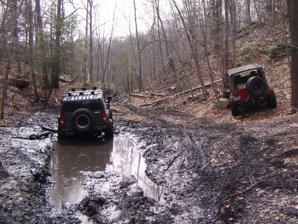 Two off-road vehicles navigating a muddy trail through a forest