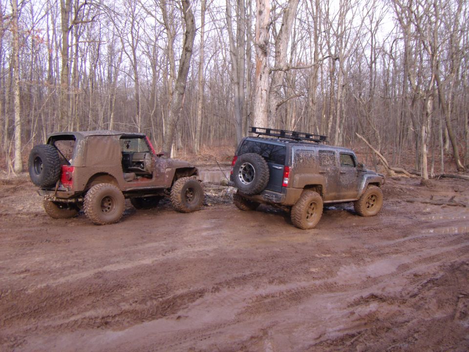 Muddy 2003 Jeep Wrangler and a dark SUV with a roof rack, parked on a dirt track in a forest