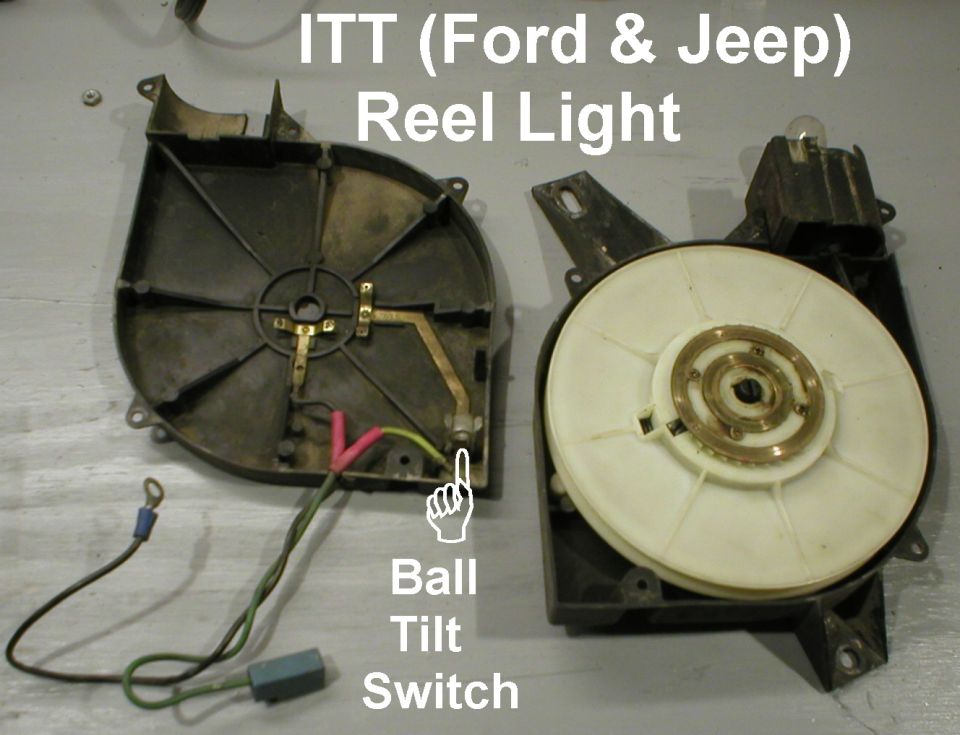 ITT Ford and Jeep reel light dome lamp housing showing ball tilt switch parts