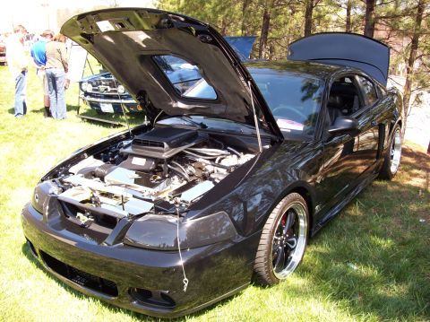2007 Ford Mustang - A black Ford Mustang with its hood and trunk open is parked on a grassy area with trees in the background. The engine bay is visible, showc…