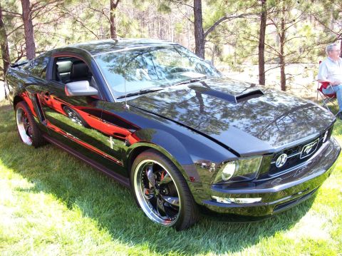 2007 Ford Mustang - A black Ford Mustang coupe is parked on a grassy lawn with trees in the background. The car features a hood scoop and custom black rims.