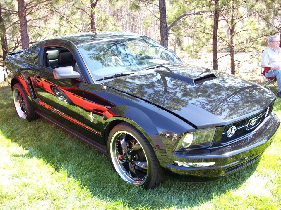 Black 2007 Ford Mustang coupe with hood scoop and custom rims parked on grass.
