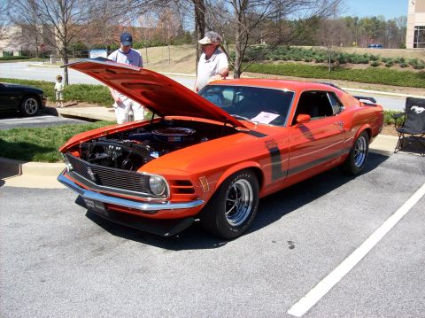 2007 Ford Mustang - This classic 1970 Ford Mustang Boss 302 is displayed with its hood open at a car show.