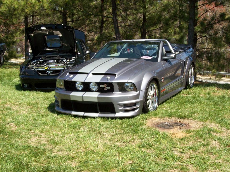 Gray convertible Mustang with racing stripes parked on grass, black Mustang with hood open behind it
