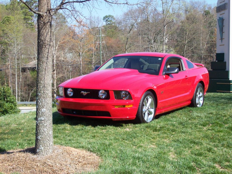 Red Ford Mustang parked on grass, 3/4 front view. Hood scoop visible