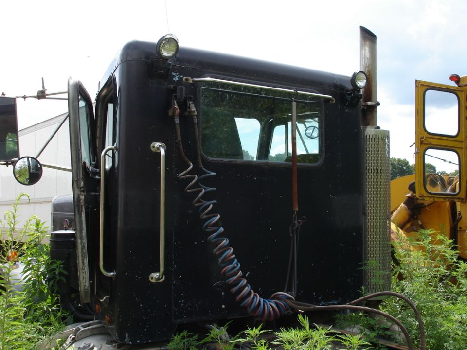 Black conventional semi-truck cab parked in an overgrown lot