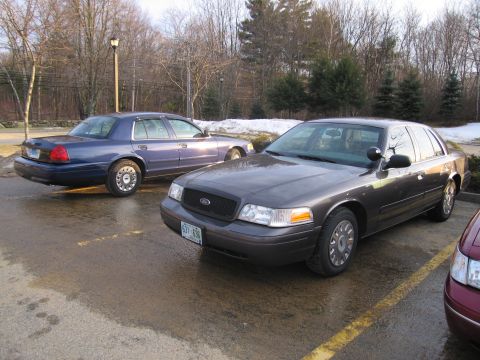 2001 Ford Crown Victoria - Two Ford Crown Victorias are parked in a wet lot on a cloudy day.