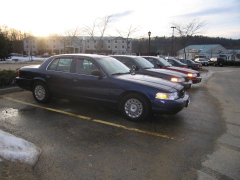 2001 Ford Crown Victoria - A line of police cars are parked in a lot during the day, with buildings in the background.