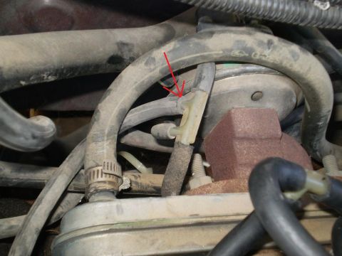 1982 Ford Bronco - Close-up view of engine hoses and vacuum lines, with a red arrow indicating a damaged hose.