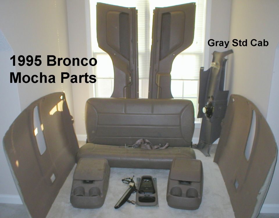 From extended cab pickup: gray rear corners with speakers.  From 95 EB Broncos:  leather rear bench seat; floor consoles, overhead consoles, headliners (F4TZ9851944BAD), bedwall panels.