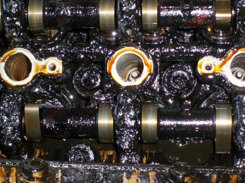 1995 Ford Probe - Close-up of heavily oil-sludged camshafts and bearing journals inside an engine cylinder head.