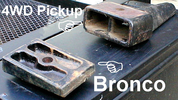 Two rear frame crossmember tube ends compared, labeled 4WD Pickup and Bronco