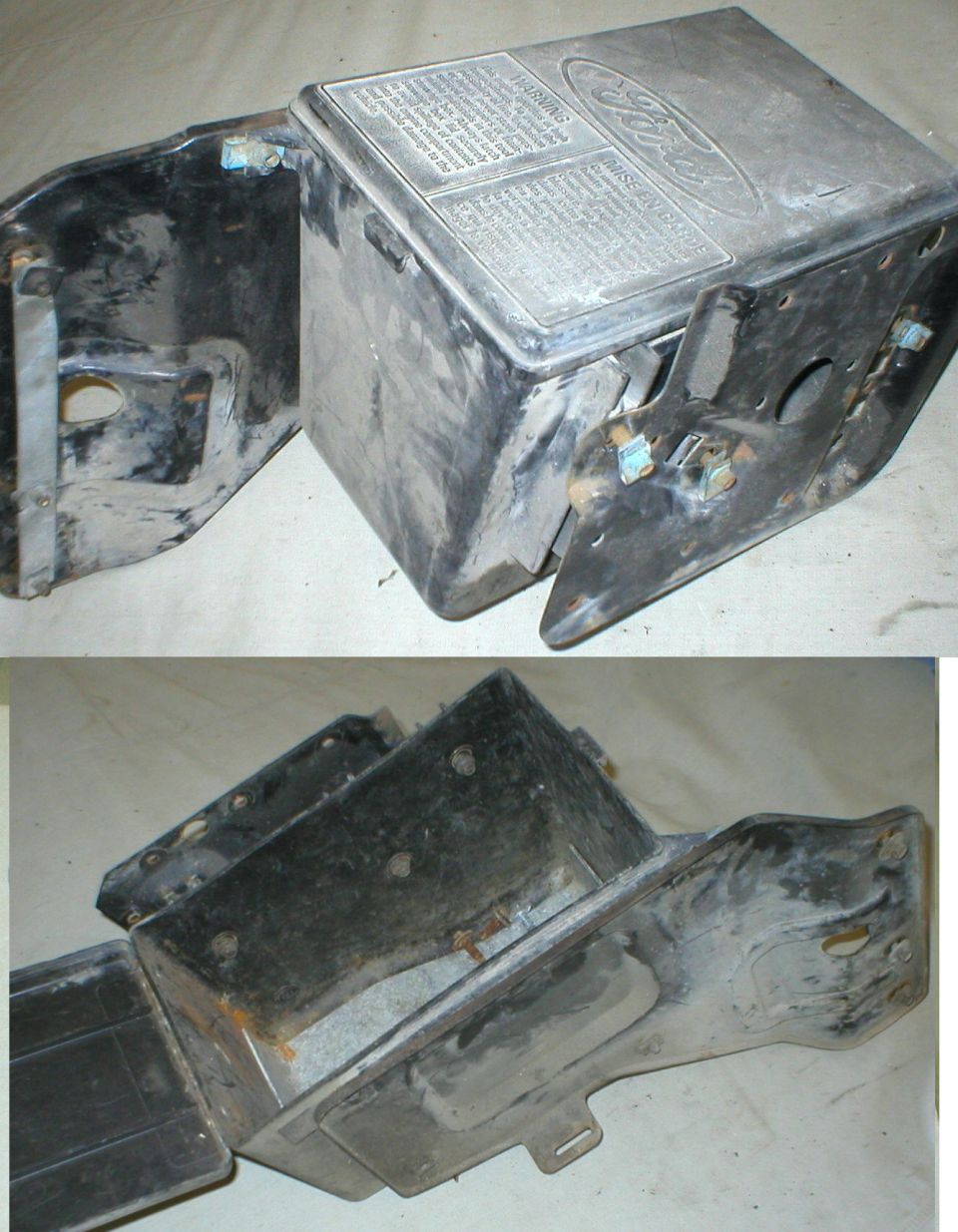 Used Ford vacuum reservoir canister and mounting bracket shown from two angles