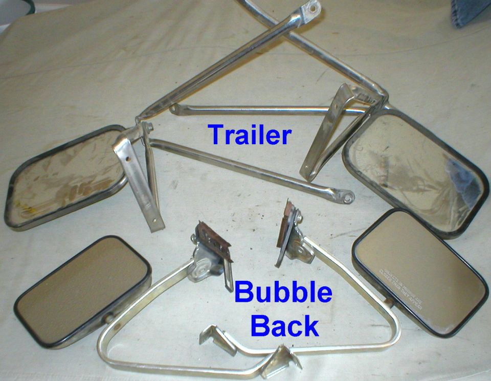 Group of chrome side mirrors and brackets on canvas, labeled Trailer and Bubble Back