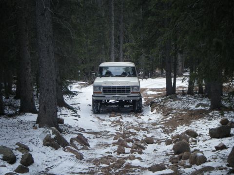 1979 Ford Bronco - A white 1970s Ford Bronco is parked on a snowy, wooded trail. The vehicle is facing the camera and is surrounded by tall pine trees.