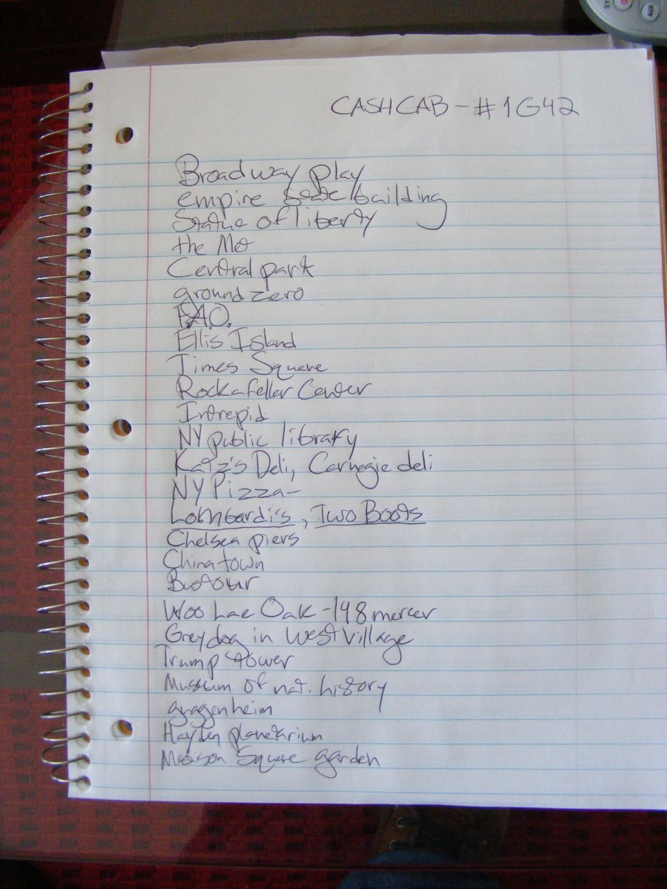 Handwritten list of NYC attractions on notebook paper, titled CASHCAB - #1G42