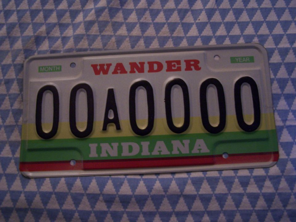 Indiana Wander Indiana sample license plate reading 00A0000 on patterned fabric