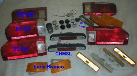 Tail lights, side markers, CHMSL units and lenses across model years laid out and labeled