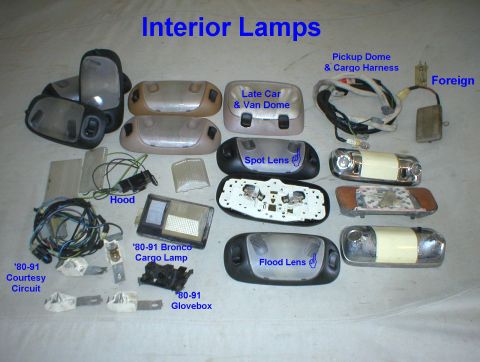 1983 Ford Bronco - Various interior lamps. IF THE IMAGE IS TOO SMALL, click it. Most plastic dome lamps fit in place of older chrome ones with no modification…