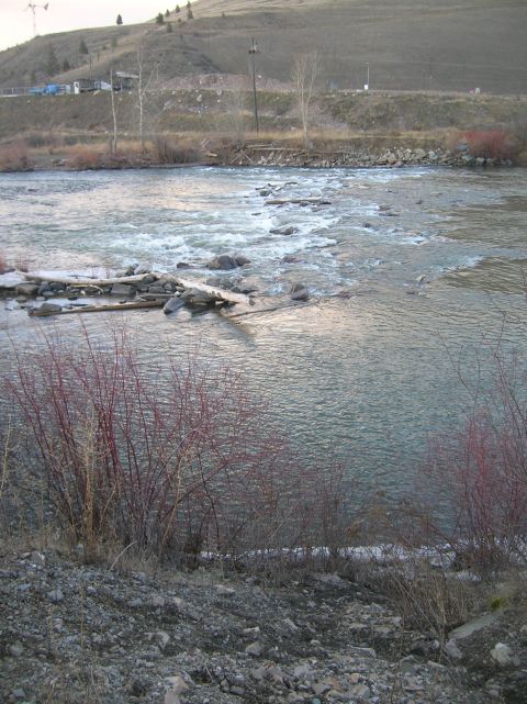 1996 Ford Bronco - A wide, rocky river flows through a natural landscape with bare trees and shrubs along the banks. In the background, a hill rises with some…