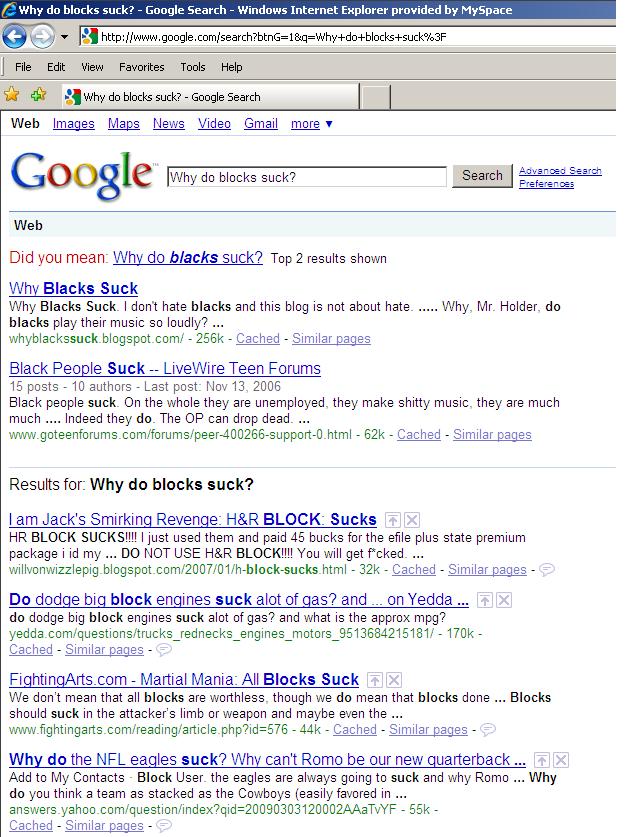 Screenshot of Google search results page for "Why do blocks suck?"