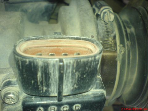 1992 Ford Crown Victoria - Extreme close-up of a dusty four-pin electrical connector socket on an engine-mounted sensor, its oval black housing weathered gray with th…
