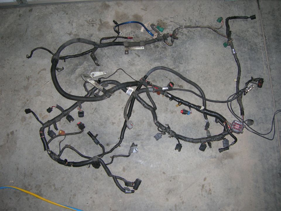 Sprawling automotive engine wiring harness on a concrete floor