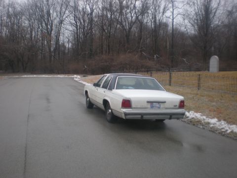 1988 Ford Crown Victoria LTD - Rear view of a white 1988 Ford Crown Victoria LTD on a gloomy day.