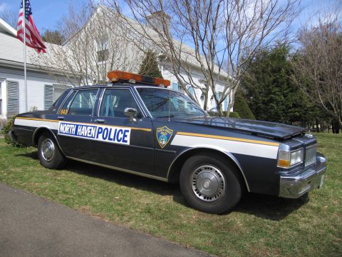 1991 Ford LTD Crown Victoria - A dark blue police car with a light-colored stripe and 'NORTH HAVEN POLICE' text is parked on a grassy lawn.