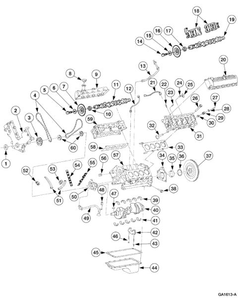 2007 Ford Mustang - Exploded parts breakdown of a V-engine showing camshafts, cylinder heads, block, crankshaft, and oil pan numbered 1 through 44.