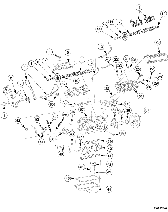 Exploded parts drawing of V-engine showing camshafts, heads, block, crankshaft, oil pan numbered 1-44