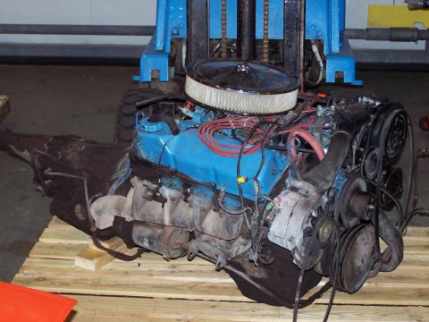 1973 Ford Ranchero - this was the engine I pulled out of the GT; its a 1971 351 Cleveland 2 Bbl with a C6 tranny; I'm going to re-use the C6, but the block is a…